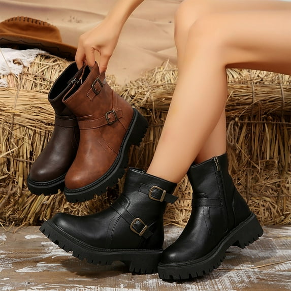 Hinvhai Ankle Boots for Women Combat Motorcycle Boot Comfortable Platform Lug Sole Chunky Heel Short Boots Side Zipper Leather Booties Classic Vintage Riding Shoes Coffee 9.5(43)