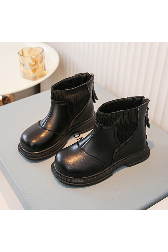 Ankle Boots for Girls Ruffle Side Zip Slip On Casual Short Booties Lug Sole Chunky Low Heel Short Dress Boot Shoes Black 2.5(37)