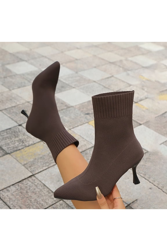 Ankle Boots for Women Low Heel Sock Booties Knit Pointed Toe Women's Winter Boots Sock Boots Fall Shoes Brown 5.5(36)