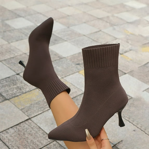 Hinvhai Ankle Boots for Women Low Heel Sock Booties Knit Pointed Toe Women's Winter Boots Sock Boots Fall Shoes Brown 9.5(43)