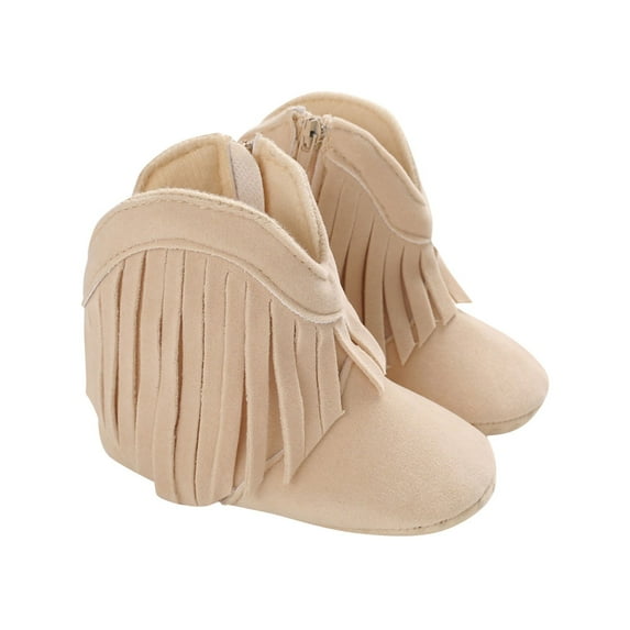 Hinvhai Baby Girls Cowboy Tassel Boots with Side Zipper,Fashion Non Slip Soft Sole Infant Booties Suede Toddler First Walker Boots Shoes Khaki 6.5(13)