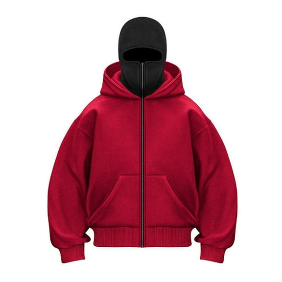 Hinvhai Balaclava Hoodie Zipper, Winter Hoodies for Men Double Layer Hooded Sweatshirt Fleece Zip Jacket Red L(L)