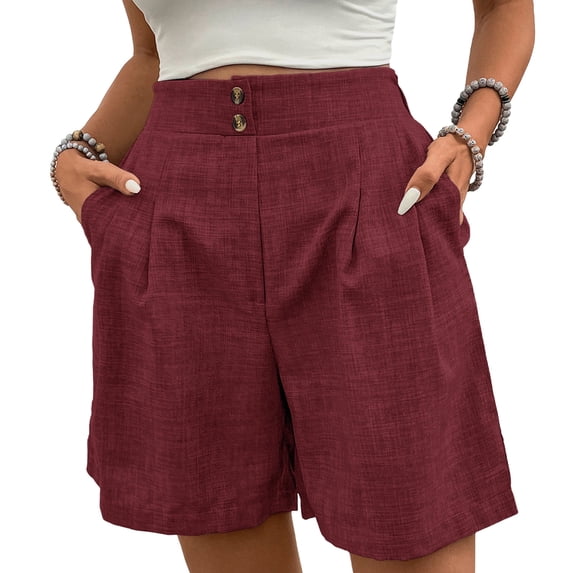 Hinvhai Bermuda Shorts for Women Snug Waisted Casual Straight Leg Summer Shorts with Elastic Waist with Pockets Wine L(L)