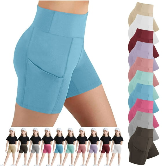 Hinvhai Biker Shorts Girl with Pockets - High Waisted Tummy Control Workout Gym Running Yoga Shorts White 14 Years