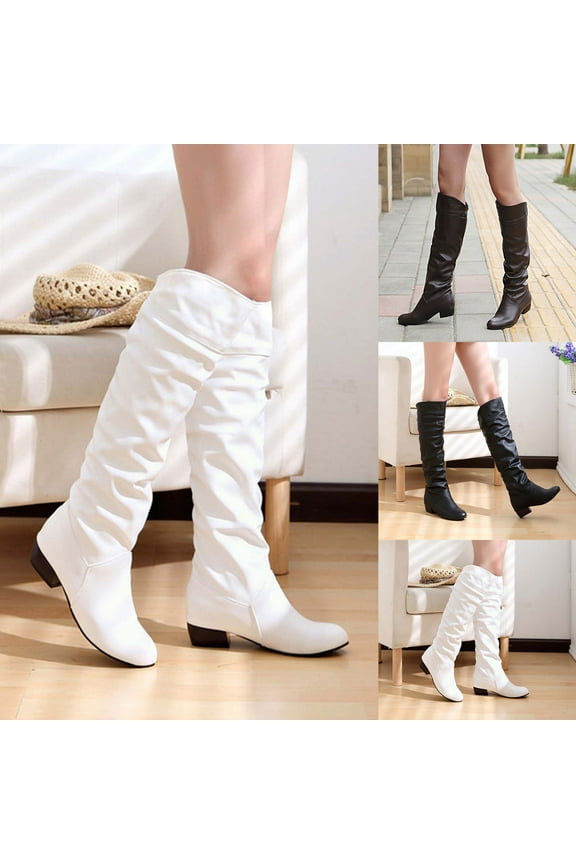 Boots for Women Knee High Fashion Casual Round Toe Pleated Block Chunky Low Heel Boots Winter Elegant Solid Comfy Outdoor Ladies Shoes White 9.5(43)
