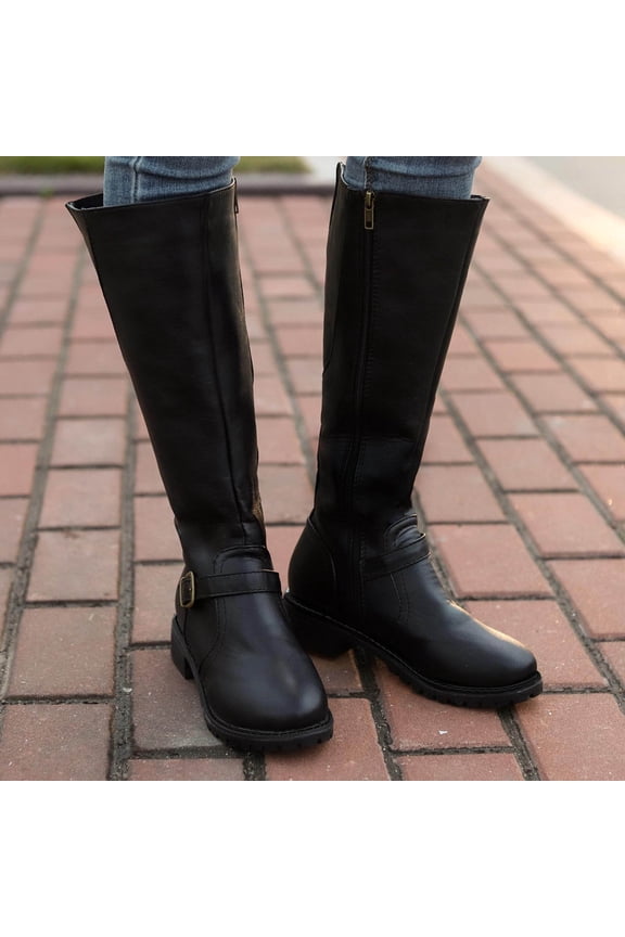 Boots for Women Knee High Slouchy Wide Calf Round Toe Winter Boots Faux Leather Buckle Strap Low Heels Riding Combat Booties Black 5.5(36)