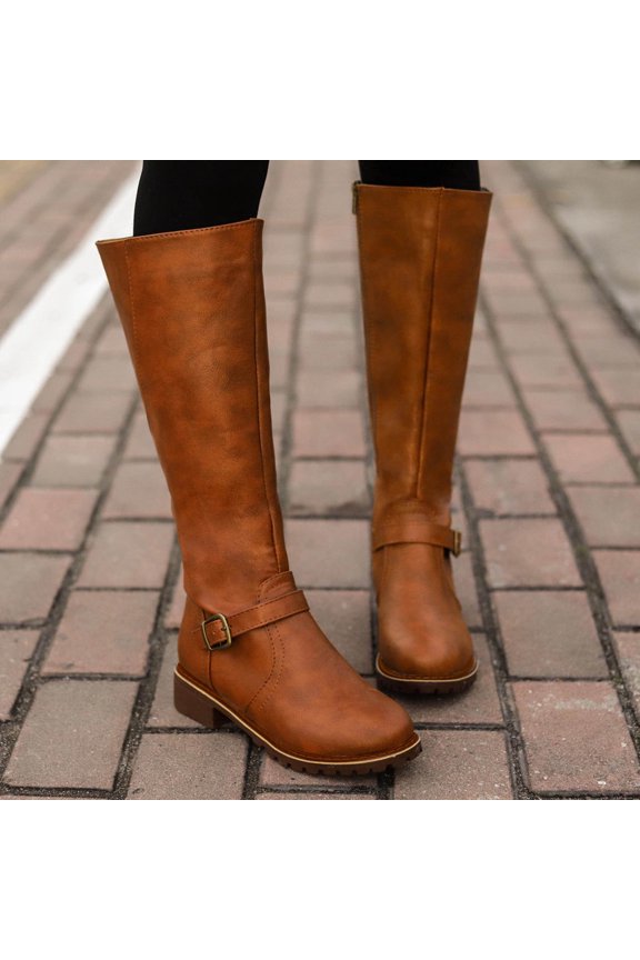 Boots for Women Knee High Slouchy Wide Calf Round Toe Winter Boots Faux Leather Buckle Strap Low Heels Riding Combat Booties Brown 6(37)