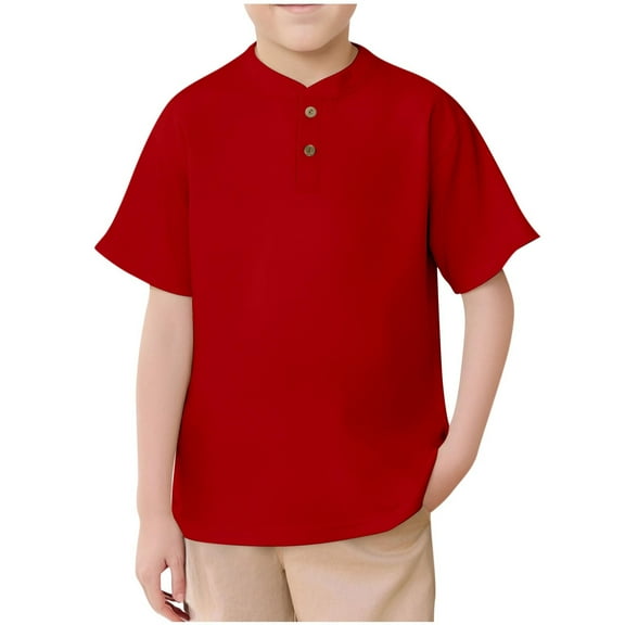Hinvhai Boys Henley Shirt Breathable Short Sleeve Button-Up Tee Breathable Tshirts for Casual & School Red 9 Years