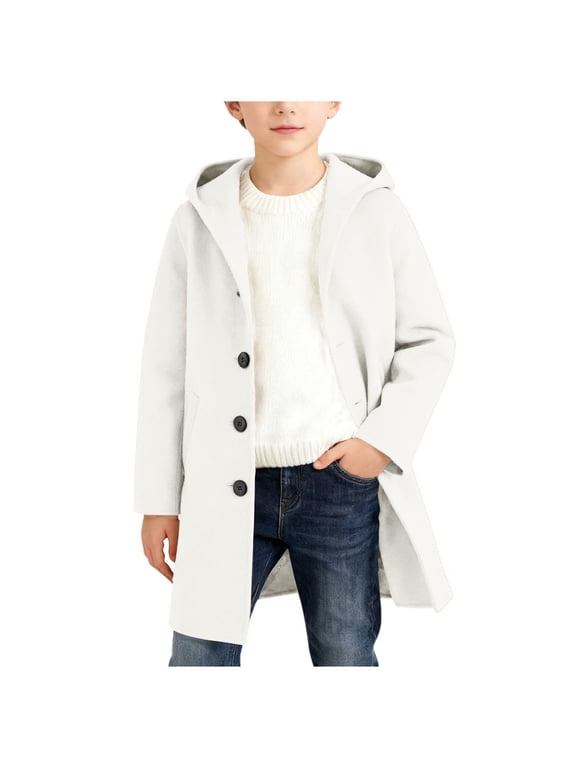 Boys Single Breasted Peacoat Notched Lapel Collar Wool Blend Long Coat with Pockets White 5 Years