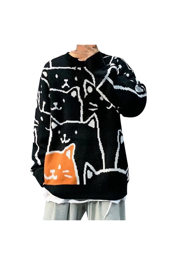Cartoon Print Sweaters for Men Preppy Round Neck Pullovers Japanese Kawaii Harajuku Long Sleeve Knitted Tops Black 8(XL)