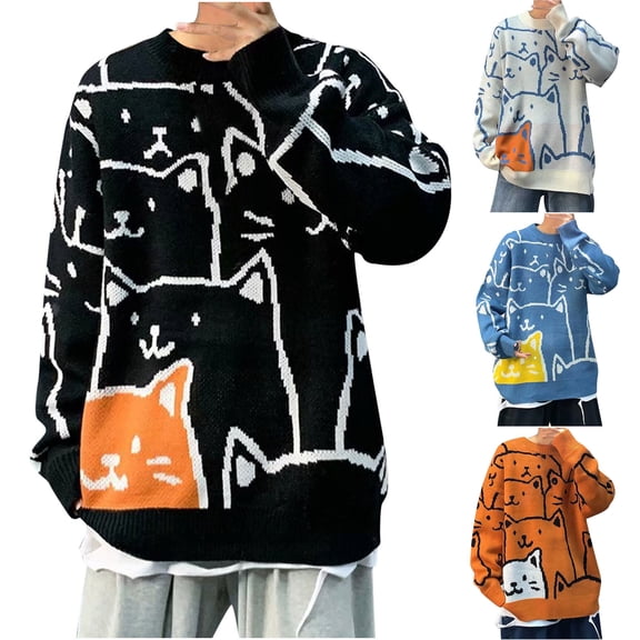 Hinvhai Cartoon Print Sweaters for Men Preppy Round Neck Pullovers Japanese Kawaii Harajuku Long Sleeve Knitted Tops White 8(XL)