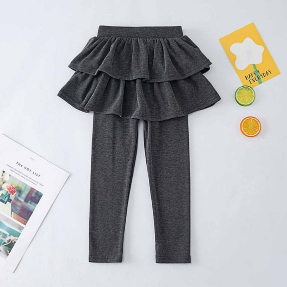 Hinvhai Children Girls Leggings with Skirt Pants,Toddler Fashion Casual Ruffle Pants for Girls Solid Color Tights Cake Culottes Dresses Pants Dark Gray 5 Years(130)