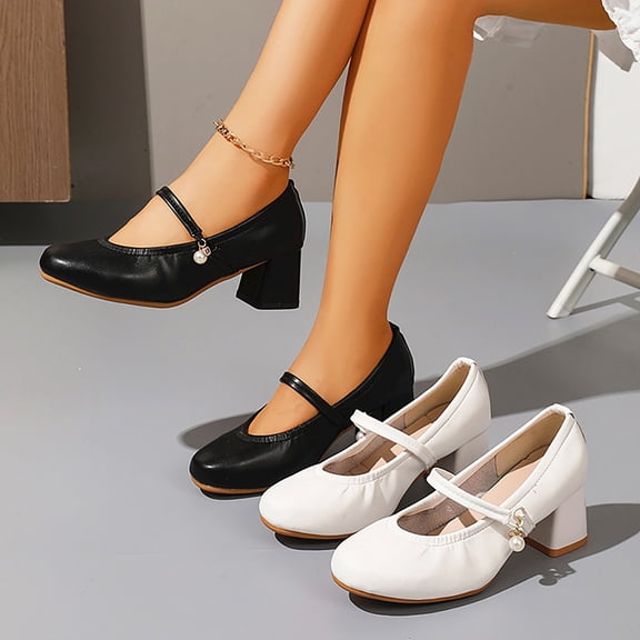 Hinvhai Chunky High Heels Mary Jane Pumps Shoes for Women Round Toe Wedding Party Block Heeled Dress Shoe White 9(42)
