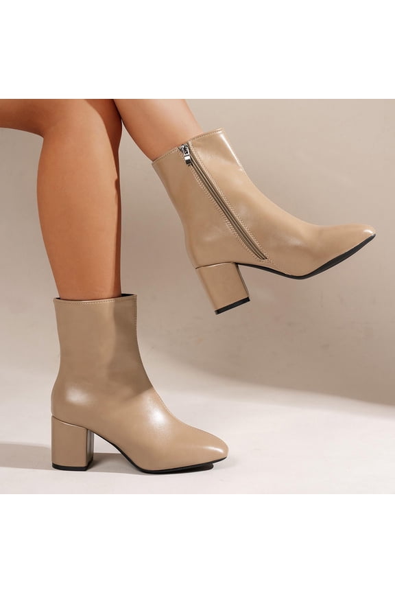Chunky Pointed Toe Boots Women Ankle Boots Block Heel Side Zipper High Heel Short Booties Khaki 5.5(36)