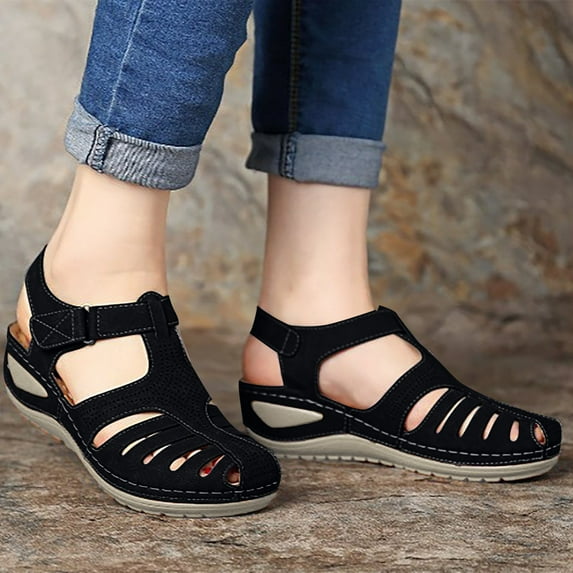 Hinvhai Closed Toe Sandals Women Clearance,Womens Summer Sandals Casual Bohemia Gladiator Covered Toe Wedge Shoes Comfort Ankle Strap Slip On Platform Sandals Black 9(40)