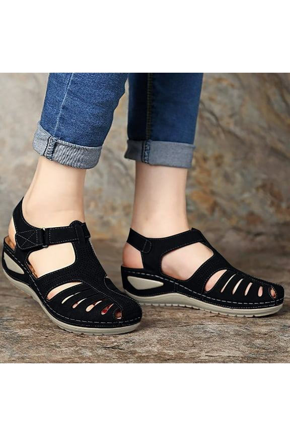 Closed Toe Sandals Women Clearance,Womens Summer Sandals Casual Bohemia Gladiator Covered Toe Wedge Shoes Comfort Ankle Strap Slip On Platform Sandals Black 8(39)