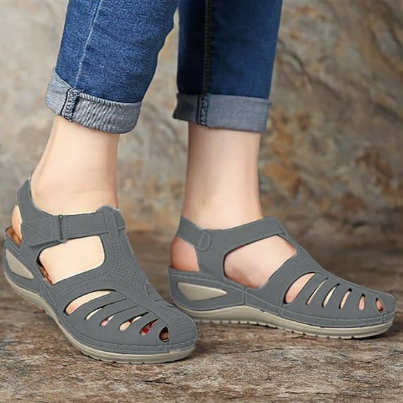 Hinvhai Closed Toe Sandals Women ,Womens Summer Sandals Casual Bohemia Gladiator Covered Toe Wedge Shoes Comfort Ankle Strap Slip On Platform Sandals Gray 5(36)