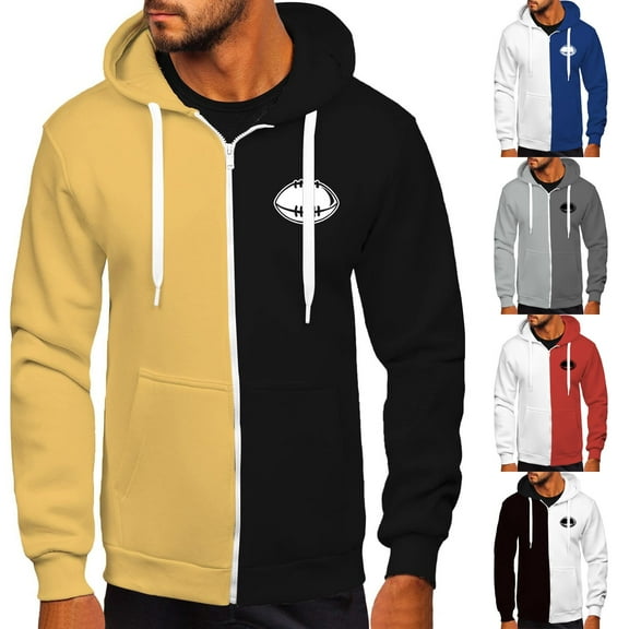Hinvhai Color Block Hoodie Plus Size Men Long Sleeve Zipper Sweatshirt Football Print Casual Trendy Hooded Tops for Rugby-Fans Yellow 10(XL)