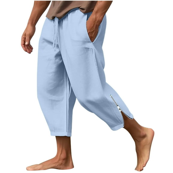 Hinvhai Cotton Linen Capris Pants for Men Drawstring Elastic Waist Side Zipper Casual Pants Athletic Gym Pants with Pocket Light Blue 4(S)