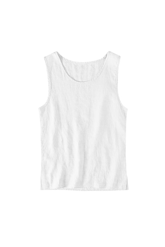 Cotton Linen Tank Tops for men Summer Sleeveless Vacation Lounge Shirts Loose Fit Crewneck Comfy Beach Vests White 6(M)