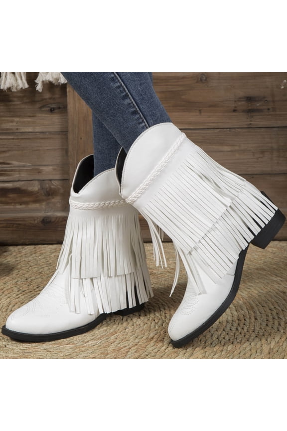 Cowboy Boots for Women,Fashion Mid Calf Square Toe Western Boots for Women Low Heel Leather Fringe Boots Wide Calf Boots White 7(39)