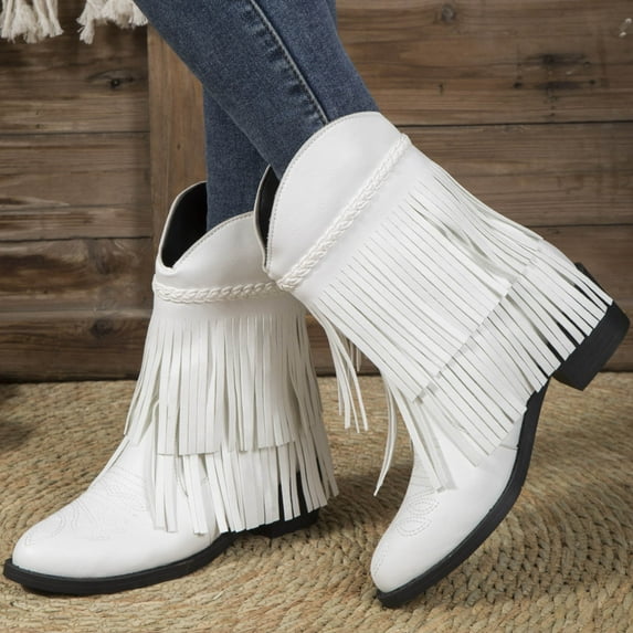 Hinvhai Cowboy Boots for Women,Fashion Mid Calf Square Toe Western Boots for Women Low Heel Leather Fringe Boots Wide Calf Boots White 7.5(40)