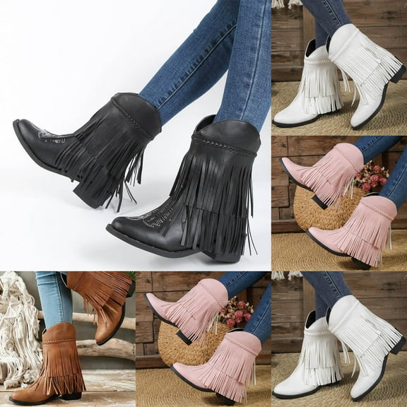 Hinvhai Cowboy Boots for Women,Fashion Mid Calf Square Toe Western Boots for Women Low Heel Leather Fringe Boots Wide Calf Boots White 9(43)
