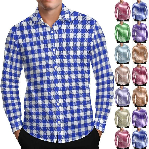 Hinvhai Dress Shirts for Men Cotton Long Sleeve Button Down Shirt Business Casual Classic Plaid Tops with Pocket Sky Blue XL(XL)