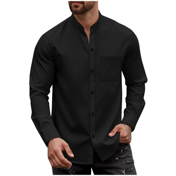 Hinvhai Dress Shirts for Men Stretch Dress Shirts Collarless Button Down Long Sleeve Shirts Muscle Fit Black M(M)