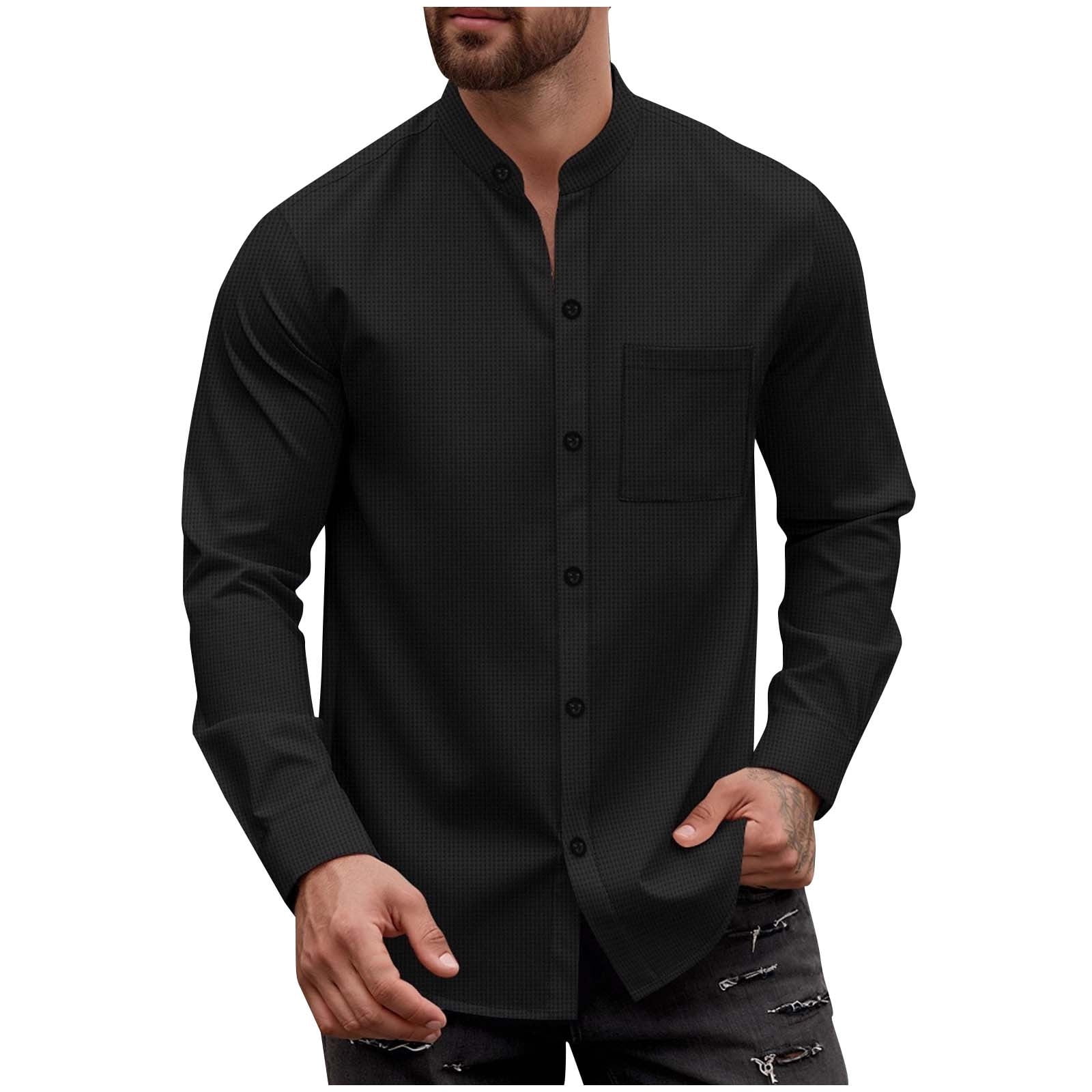 Hinvhai Dress Shirts for Men Stretch Dress Shirts Collarless Button Down Long Sleeve Shirts Muscle Fit Black S(s), Men's, Size: Small