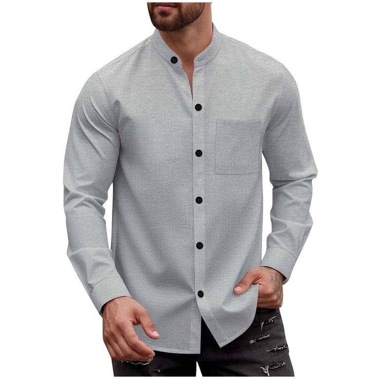 long sleeve dress shirt without collar Perry Ellis Men's Untucked Slim Fit Total Stretch Banded Collar Shirt - Blue