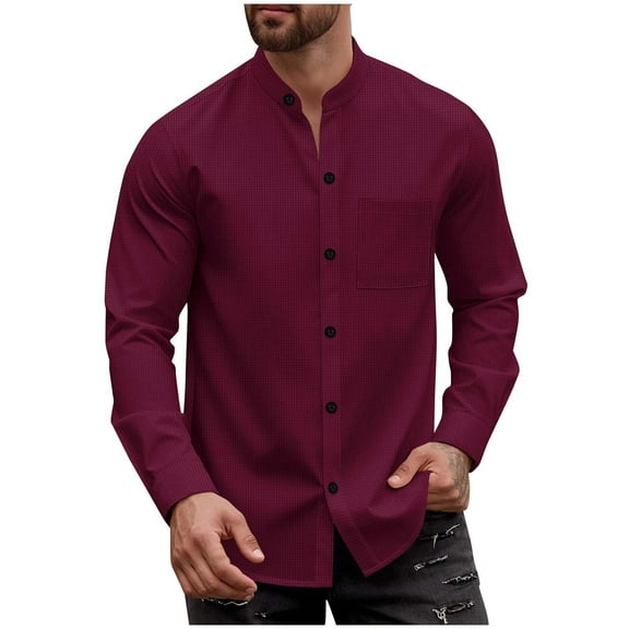 Hinvhai Dress Shirts for Men Stretch Dress Shirts Collarless Button Down Long Sleeve Shirts Muscle Fit Wine XL(XL)