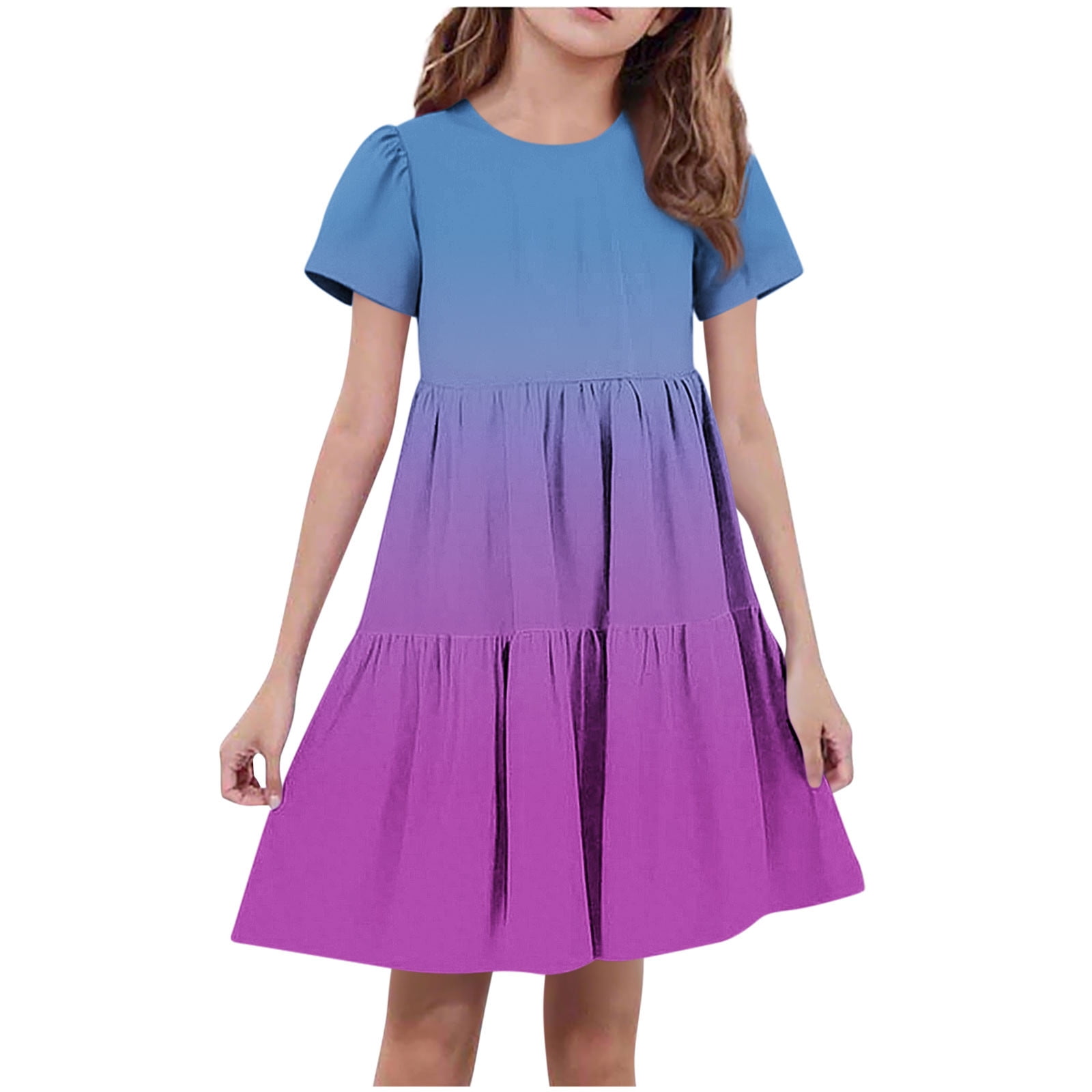 Hinvhai Dresses for Girls Flowy Short Sleeve A-Line Block Color Midi ...