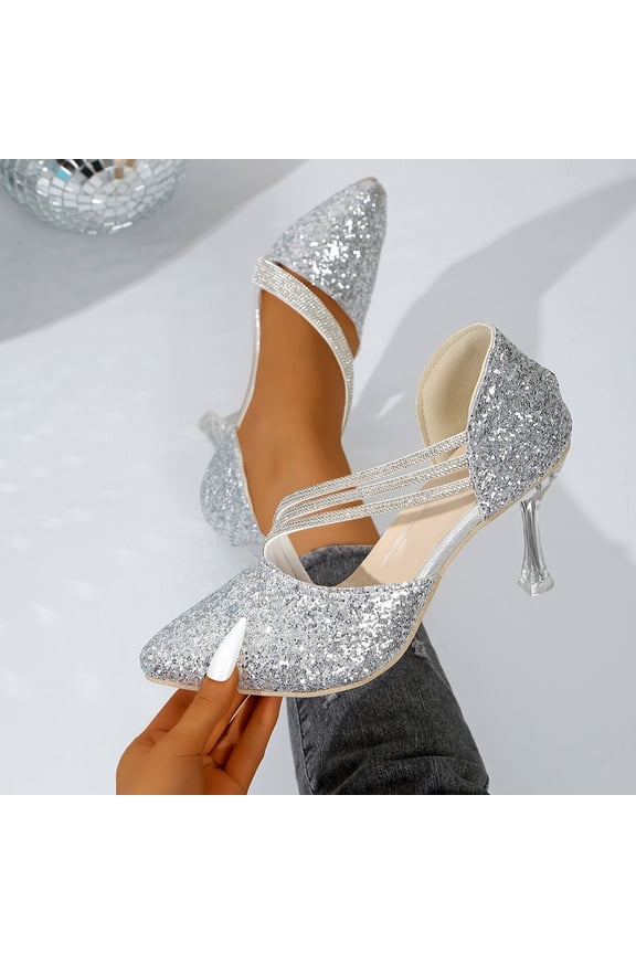 Elegant Womens Sequins Glitter Slip On High Heel Pumps Stiletto Pointed Toe Smart formal Dress Party Shoe Silver 6.5(38)