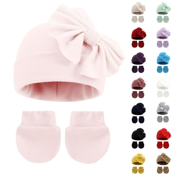 Hinvhai Fall Winter Hats 2 Pieces Set for Newborn Baby, Classic Fashion Casual Print Ribbed Cotton Cap Infant Big Bow Hat for Baby Girls Boys Yellow Free Size