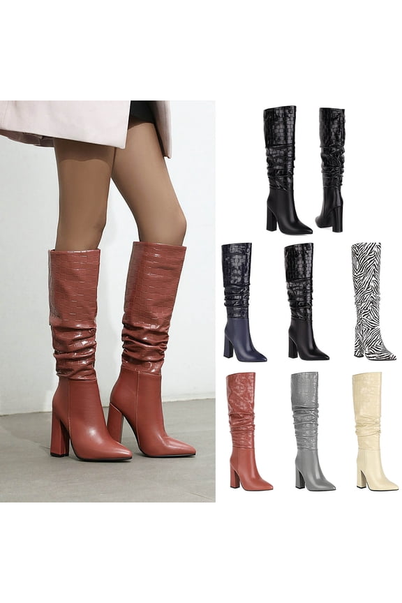 Fashion Knee High Boots for Women ,Classic Pointed Toe Chunky High Heeled Boots with Side Zipper Fashion Elastic Tall Boots Cameo 9.5(43)