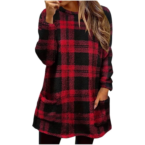 Hinvhai Fleece Pullover Women Fuzzy Sweatshirt for Women Crew Neck Sweatshirts Winter Warm Loungewear Tops with Pockets Red XL(XL)