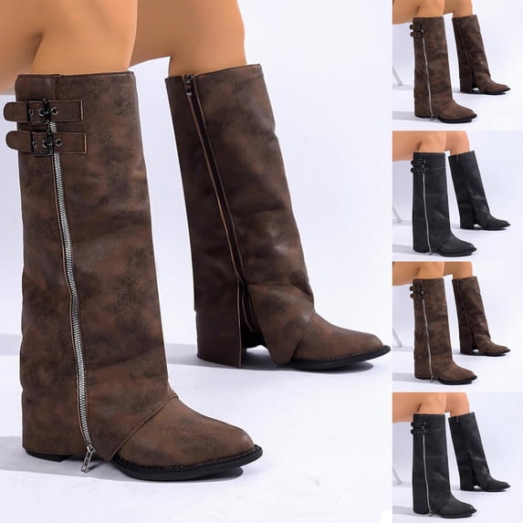 Hinvhai Fold Over Knee High Boots Slouch Boots for Women Chunky Platform Boots,Wide Calf Long Boots Square Toe Riding Boots Brown 9.5(43)