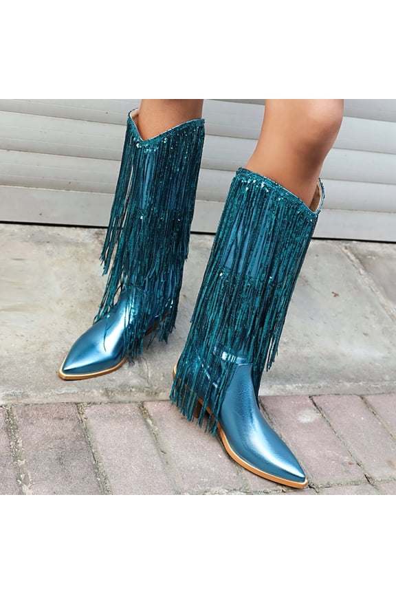 Fringe Cowboy Boots for Women Sparkly Metallic Cowgirl Boots Sequin Western Chunky Block Heel Mid Calf Boots Blue 9(42)
