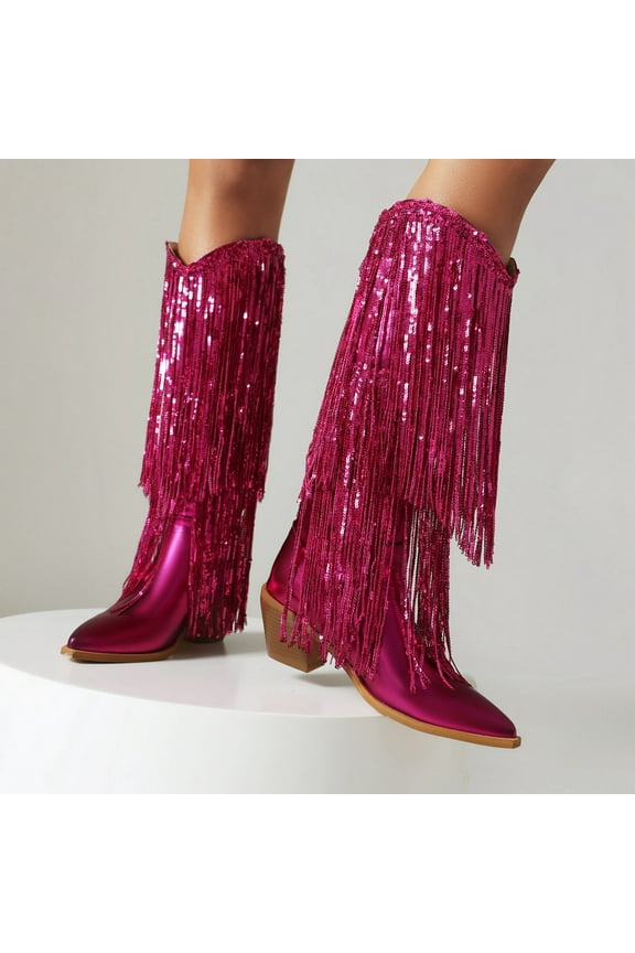 Fringe Cowboy Boots for Women Sparkly Metallic Cowgirl Boots Sequin Western Chunky Block Heel Mid Calf Boots Hot Pink 5.5(36)