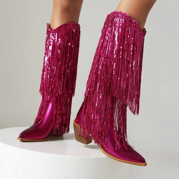 Hinvhai Fringe Cowboy Boots for Women Sparkly Metallic Cowgirl Boots Sequin Western Chunky Block Heel Mid Calf Boots Hot Pink 9(42)