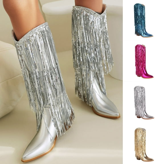 Hinvhai Fringe Cowboy Boots for Women Sparkly Metallic Cowgirl Boots Sequin Western Chunky Block Heel Mid Calf Boots Silver 9.5(43)