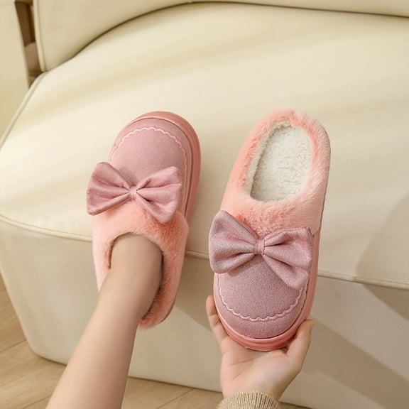 Hinvhai Fuzzy Cute Bow-tie Slippers for Women, Comfy Memory Foam Cloudy Soft Warm Slippers Indoor Outdoor In Winter Pink 5.5(36)