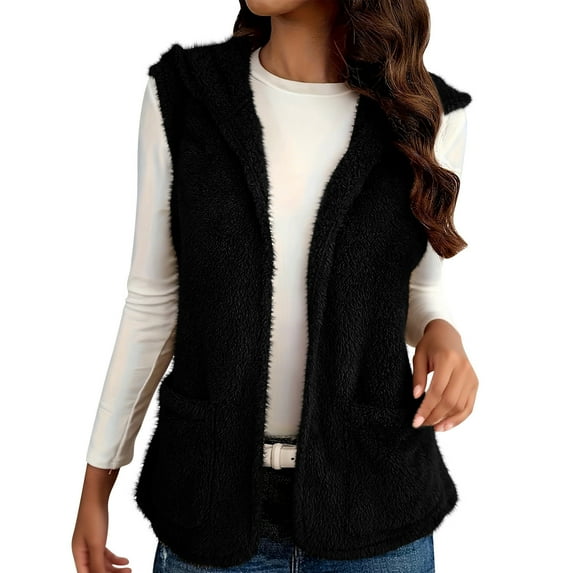 Hinvhai Fuzzy Fleece Vest for Women Fall Hooded Sleeveless Sherpa Jacket with Pockets Lightweight Vest Black XL(XL)