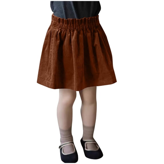 Hinvhai Girl Corduroy Pleated Mini High Elastic Winter Skirts with Comfy Casual Stretchy Band Brown 12 Years