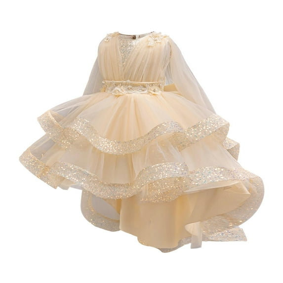 Hinvhai Girl Sequin Trailing Bow Fluffy Pageant Party Wedding Flower Girl Dress-Toddler formal Dresses Beige 7 Years