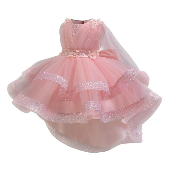 Hinvhai Girl Sequin Trailing Bow Fluffy Pageant Party Wedding Flower Girl Dress-Toddler formal Dresses Pink 3 Years