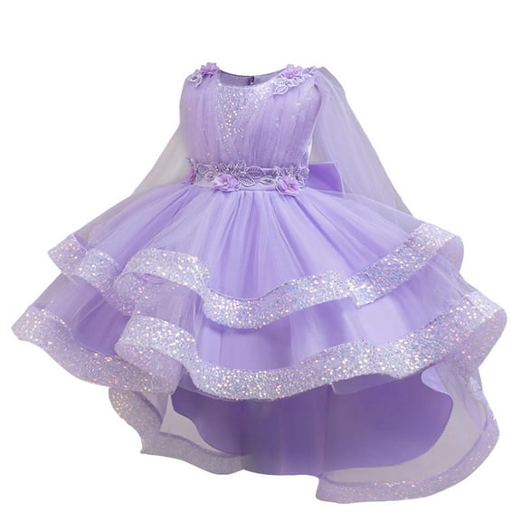 Hinvhai Girl Sequin Trailing Bow Fluffy Pageant Party Wedding Flower Girl Dress-Toddler formal Dresses Purple 4 Years