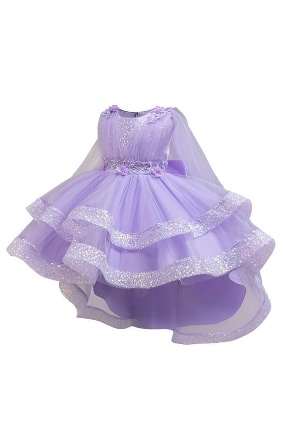 Girl Sequin Trailing Bow Fluffy Pageant Party Wedding Flower Girl Dress-Toddler formal Dresses Purple 7 Years