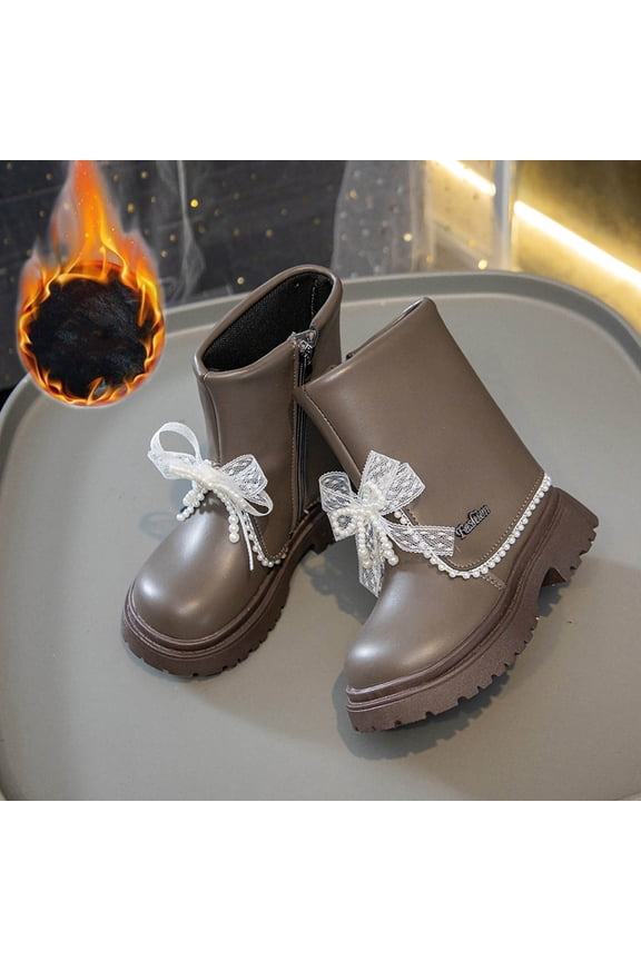 Girl's Ankle Boots with Lace Ruffles Ribbon Bows Side Zipper Warm Dress Booties Brown 2 Years